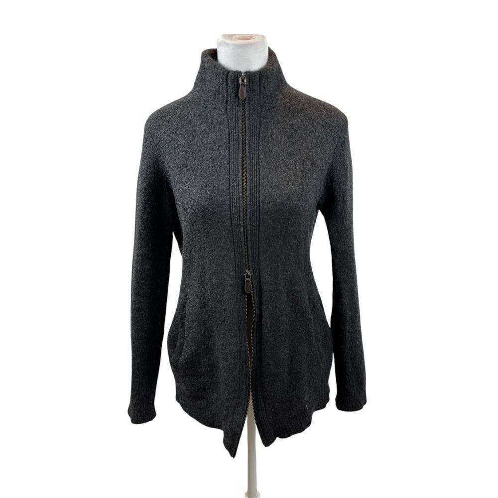 Ladies Saks Fifth Ave Grey Cashmere Two Way Zipper Cardigan‎ Size Medium